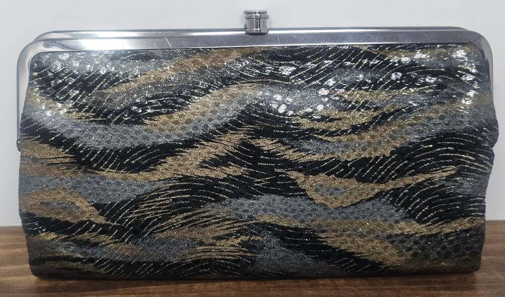 Vintage HOBO Lauren Metallic Shimmery Tiger Leather Double Frame Wallet Clutch - Picture 2 of 12